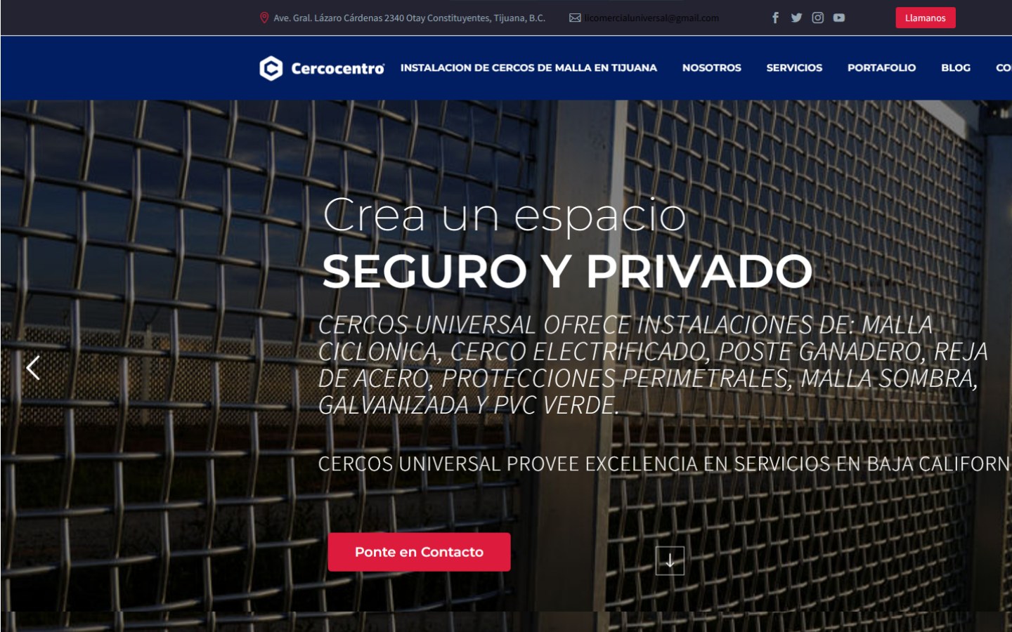 Sitio anterior de Cercos Universal en WordPress con acentos rojos