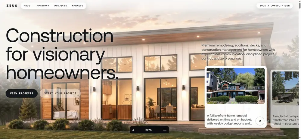 Página de inicio de Zeus Construction: titular “Construction for visionary homeowners” sobre una casa moderna al atardecer.